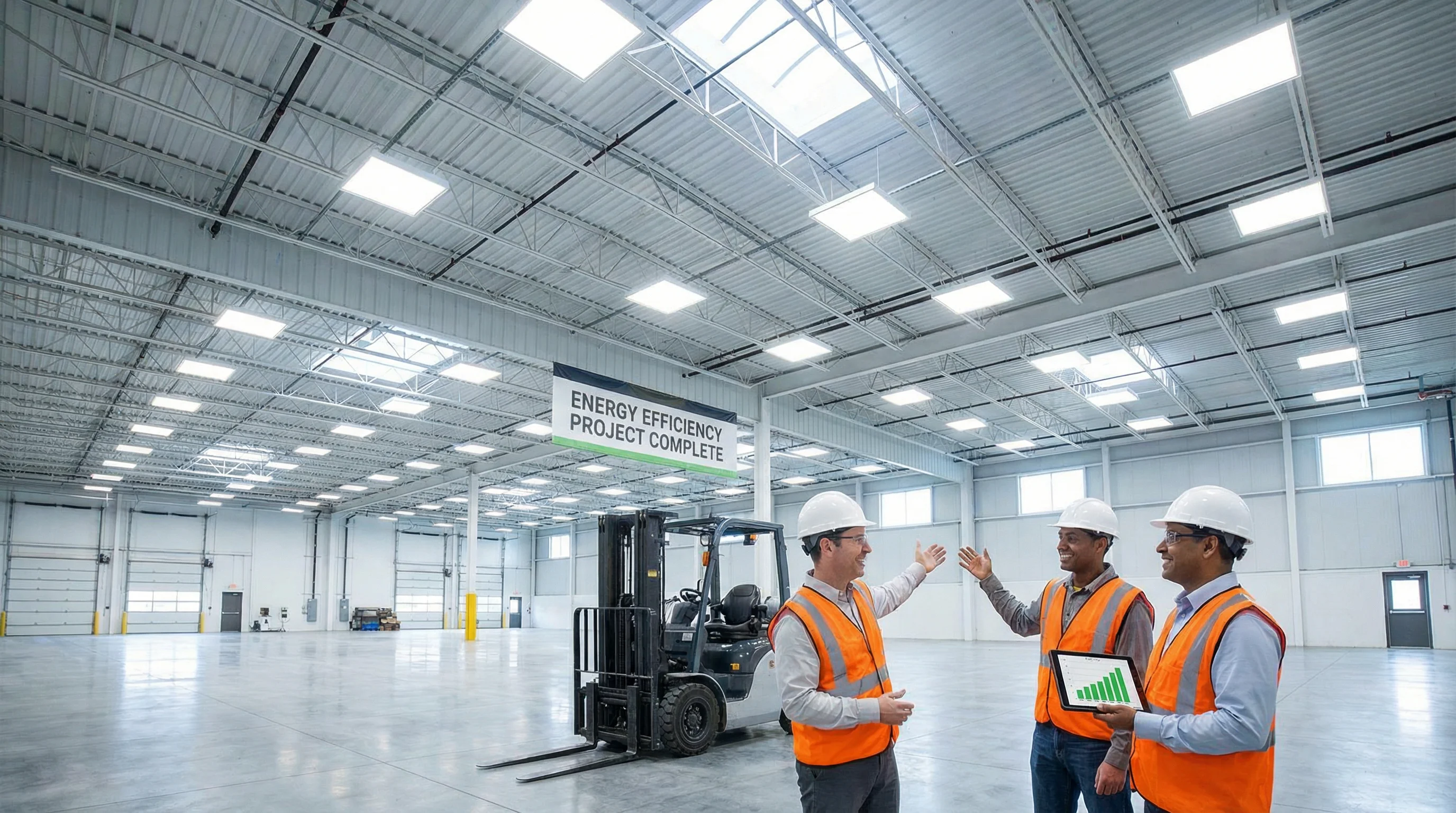 Entrepôt moderne équipé de luminaires LED haute performance avec travailleurs satisfaits