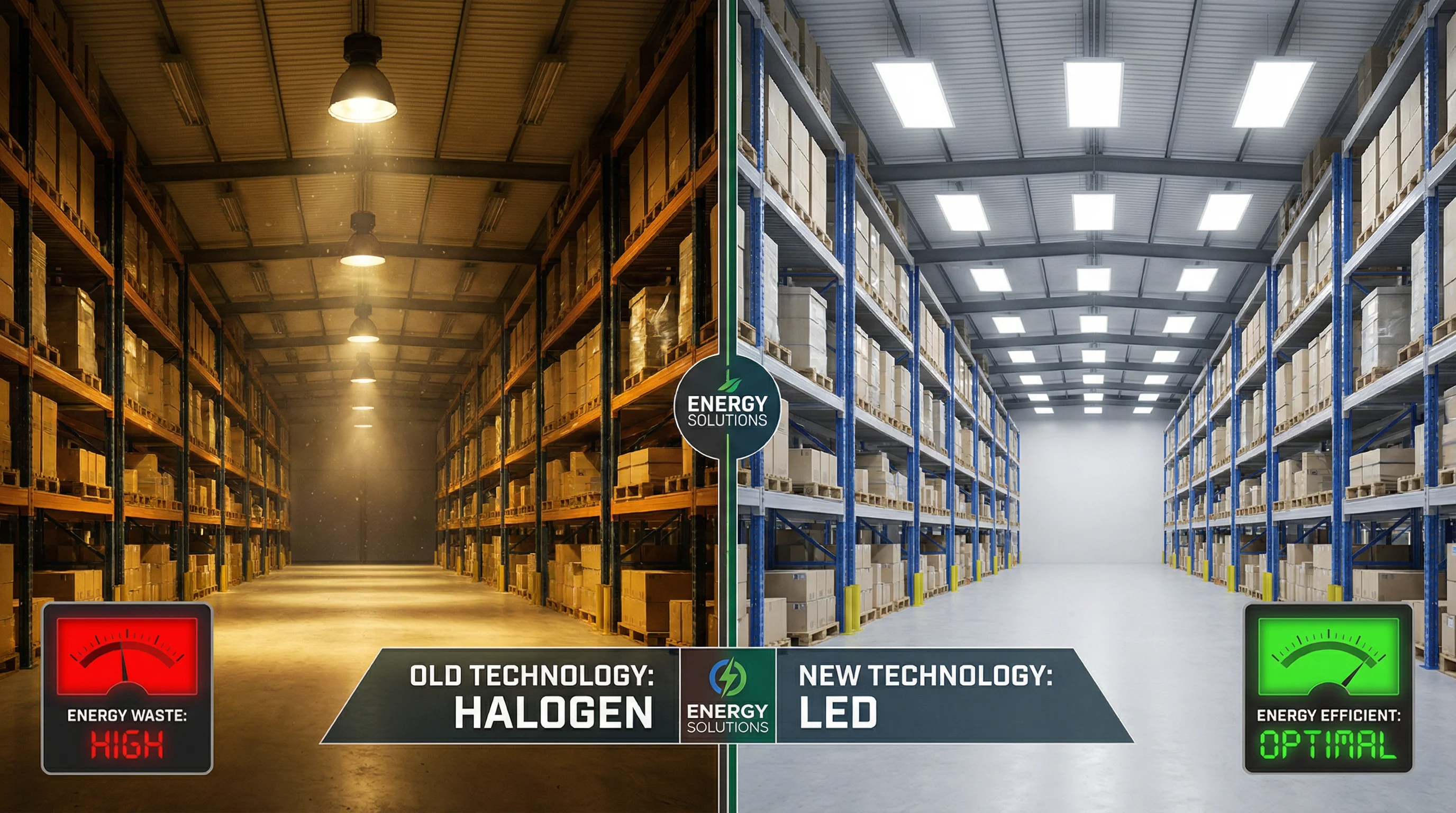 Comparaison visuelle entrepôt avec éclairage halogène jaune vs LED blanc efficace