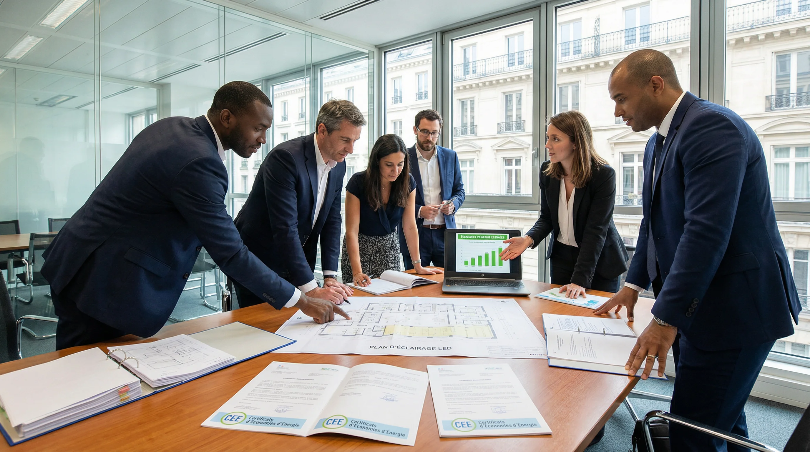Équipe professionnelle en réunion examinant documents CEE et plans d'éclairage LED
