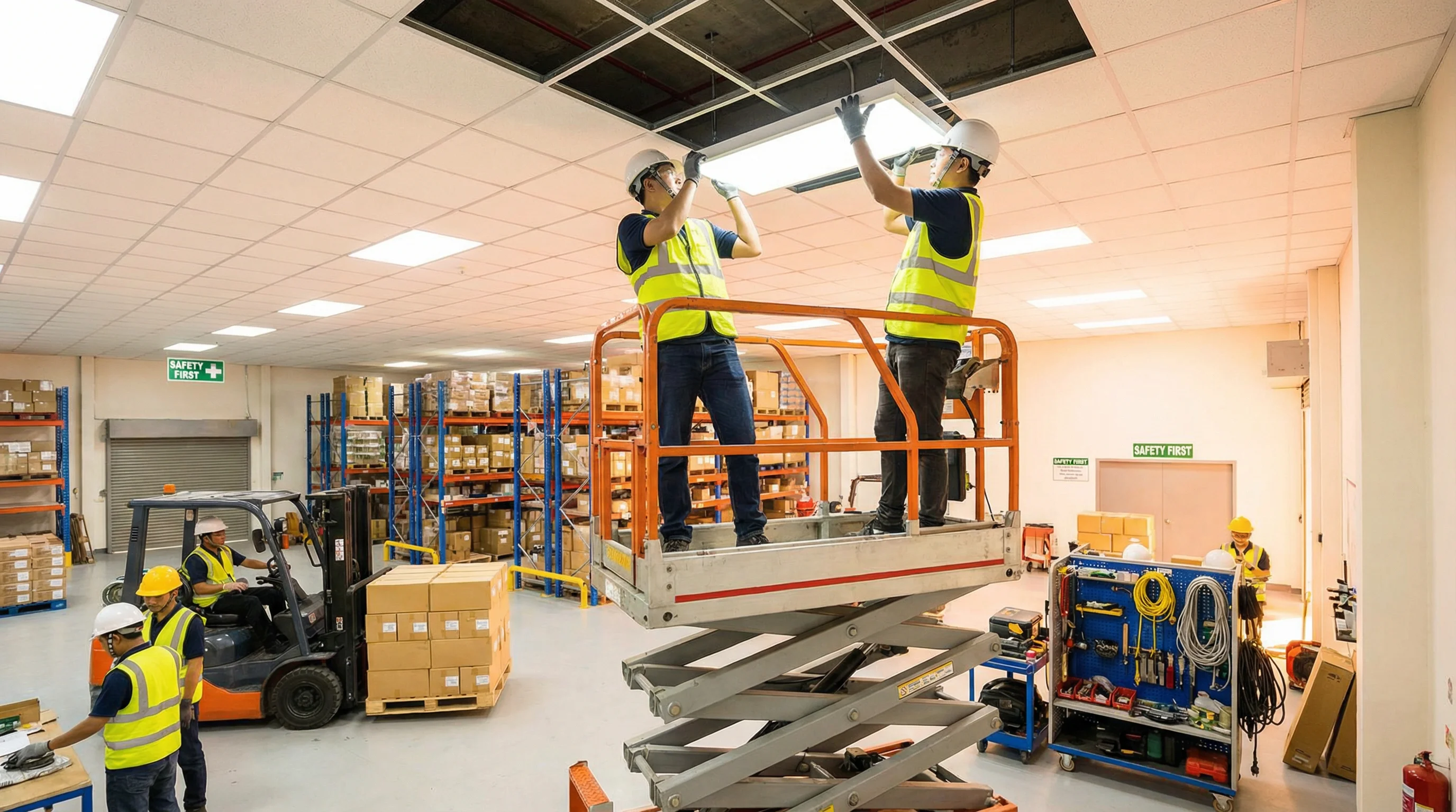 Électriciens installant panneaux LED dans entrepôt actif avec chariots élévateurs en arrière-plan